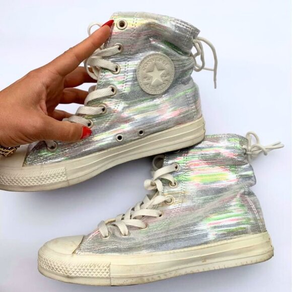 Shiny Converse Chuck Taylor High Tops – Iridescent Silver – Women’s Size 8 US - Picture 1 of 5